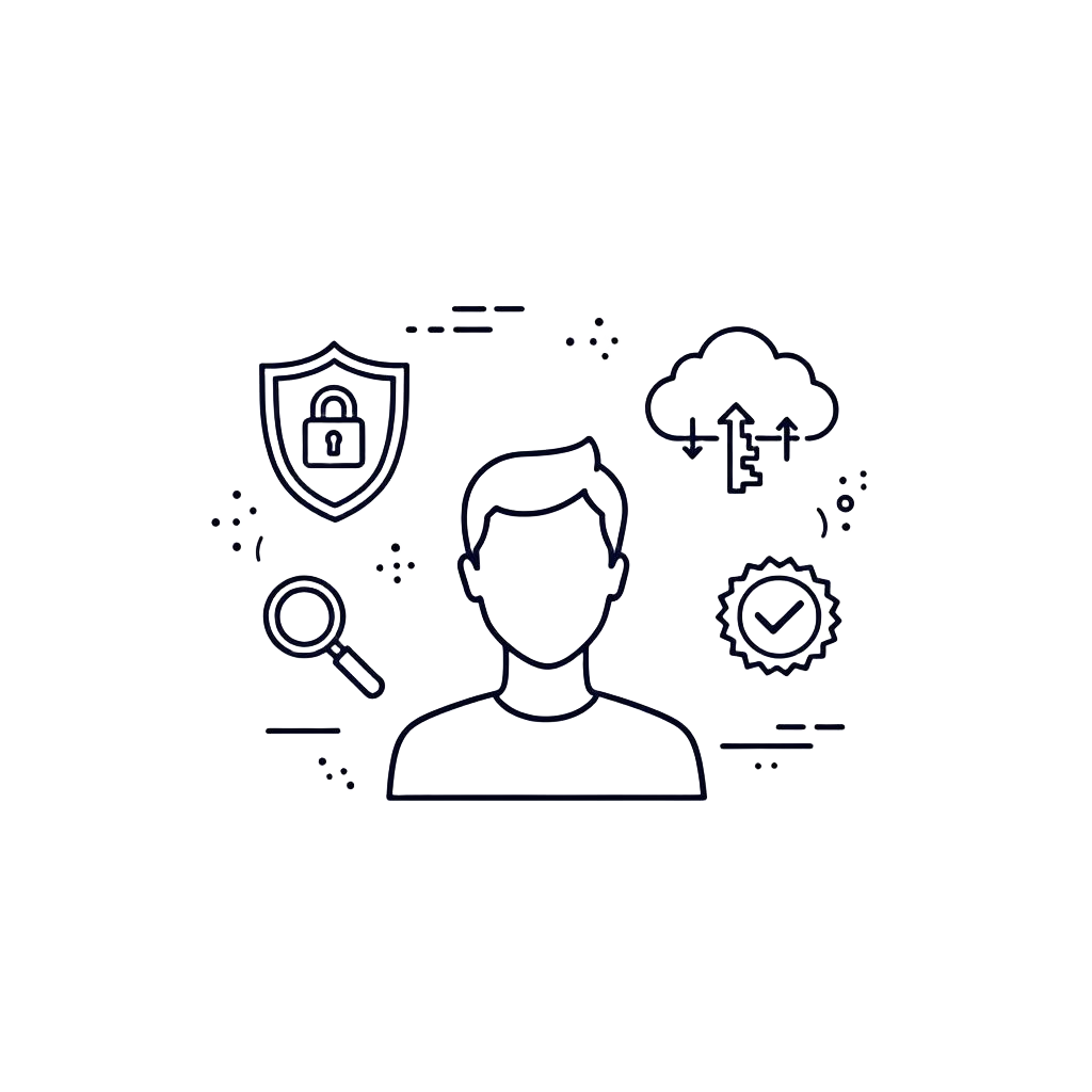 Illustration of a person surrounded by cyber security icons: shield, padlock, cloud and verification badge