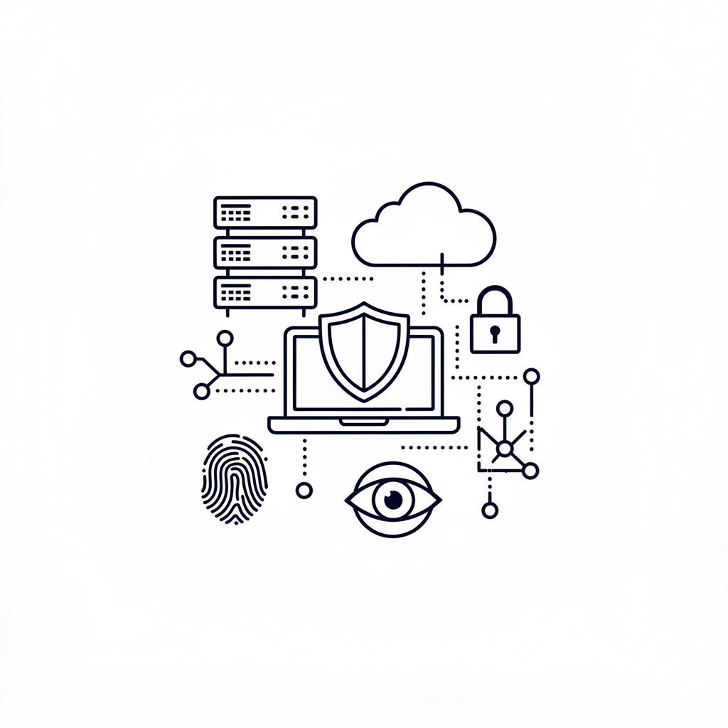 Line illustration of a security stack: server, cloud, laptop with shield, padlock, fingerprint and eye