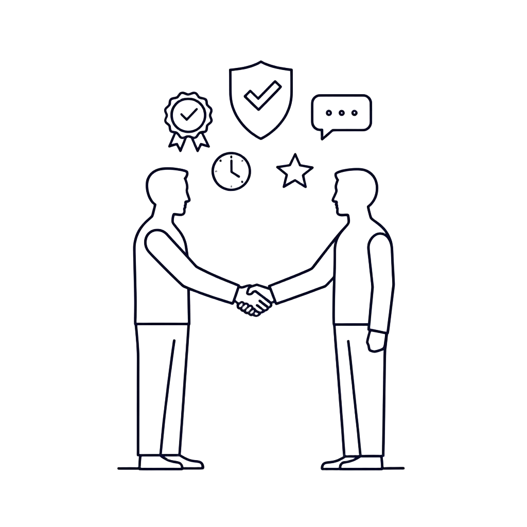 Line illustration of two people shaking hands surrounded by trust icons: shield, badge, clock and star